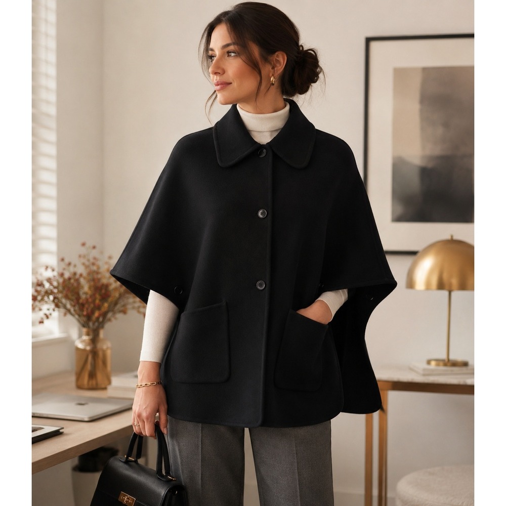 Talbots Wool Blend Cape Coat Black Small Button Up Preppy Office Minimalist Luxe
